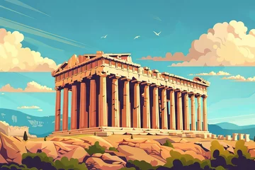 Fotobehang Ancient Greek Acropolis of Athens in classical architectural style, famous landmark vector illustration © furyon