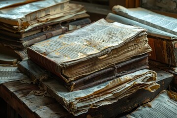 Ancient, weathered holy scripture manuscripts and parchments, religious history and knowledge, concept illustration