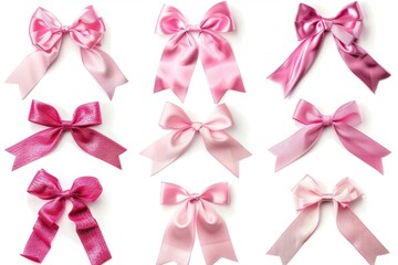 Assorted pink satin ribbon bows collection isolated on white background, studio photography