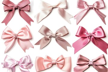 Assorted pink satin ribbon bows collection isolated on white background, studio photography - obrazy, fototapety, plakaty