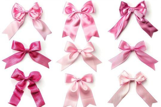 Assorted pink satin ribbon bows collection isolated on white background, studio photography