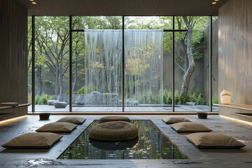 A Zen-inspired meditation room with a floor-to-ceiling waterfall feature, surrounded by floor cushions and adorned with minimalist sculpture