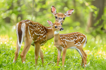 Naklejka na ściany i meble A cute white-tailed fawn stands next to its mother in the green grass, close-up of their legs and chest