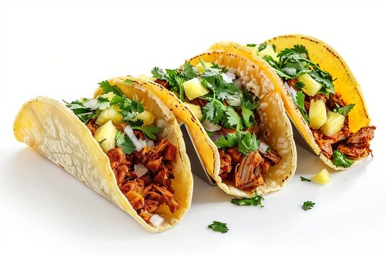Authentic Mexican tacos al pastor with pineapple, onion, and cilantro, isolated on white