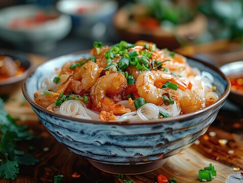 Rice Noodle Dish with Chinese Noodles and Seafood - Authentic Chinese Noodle Food Dish - Soft Restaurant Lighting - Flavorful and Savory 