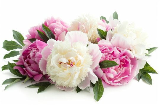 Beautiful pink and white peony flowers isolated on white background, floral arrangement