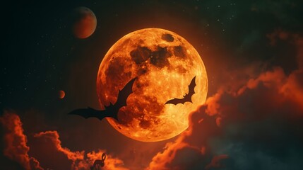 Silhouettes of bats in flight against an ominous full moon in a Halloween themed night sky.