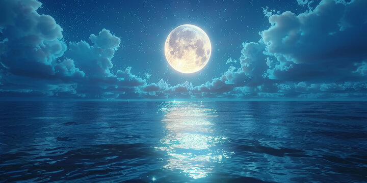  full moon on  sea at night background, blue moon with clouds on ocean,banner