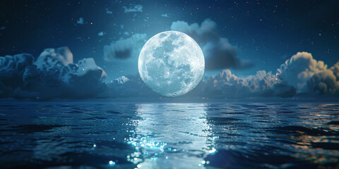  full moon on  sea at night background, blue moon with clouds on ocean,banner