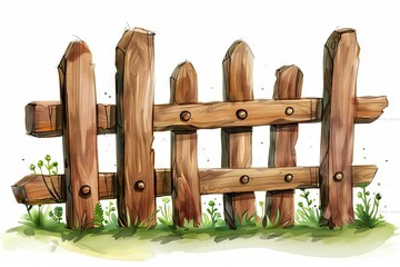 Brown Wooden Fence on White Background, Isolated Object Clip Art, Digital Painting