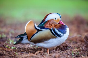 Male mandarin duck with its bright feathers standing on the grassy riverbank