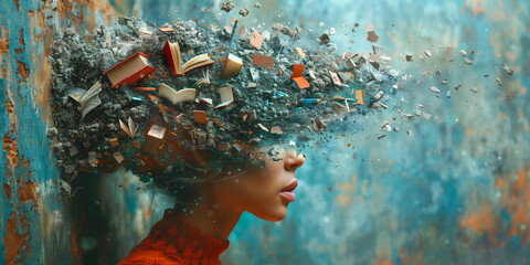 Woman surrounded by books, creative mind, exploding brain full of ideas and imagination, education concept, world book day  - obrazy, fototapety, plakaty