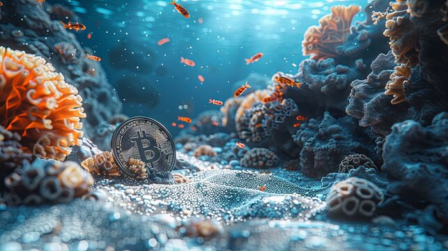 A single Bitcoin coin rests among corals on the ocean floor, symbolizing cryptocurrency and marine conservation themes.