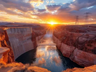 Papier Peint photo Lavable Bordeaux Sunset View at Glen Canyon, Arizona - Overlooking Rock Formations and Powerlines from the Hydroelectric Dam - Warm Sunset Glow - Majestic and Serene