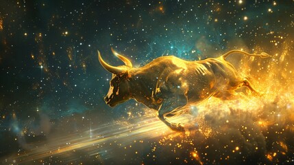 Obraz na płótnie Canvas A golden Bitcoin bull charging through the cosmos
