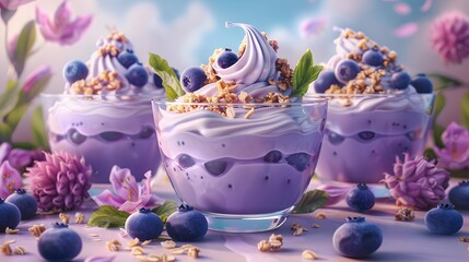 Blueberry Yogurt Delight with Fresh Blooms: A sweet treat adorned with vibrant blueberries and delicate flowers, perfect for any occasion - obrazy, fototapety, plakaty
