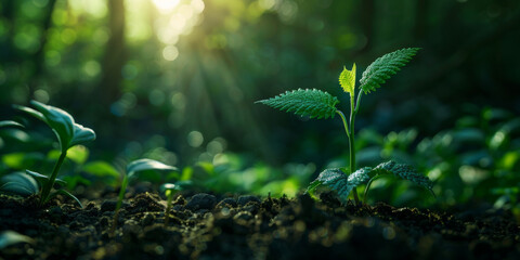 Small green sprout in the ground. Growth and development concept - obrazy, fototapety, plakaty