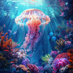 Fototapeta na wymiar Jellyfish in a coral reef with corals and fish