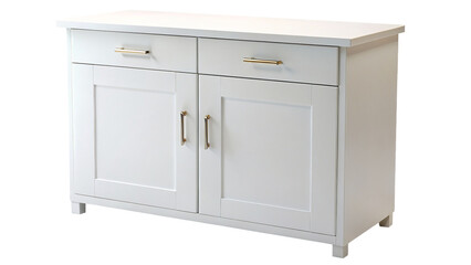 White cabinet with two closed doors and two drawer. isolated on transparent background.