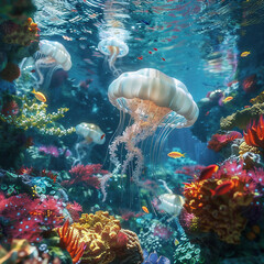 Jellyfish in a coral reef with corals and fish