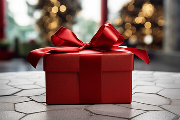 Caja de regalo roja con un hermoso lazo. Obsequio ideal para aniversarios, navidad o cumpleaños. Creado con IA