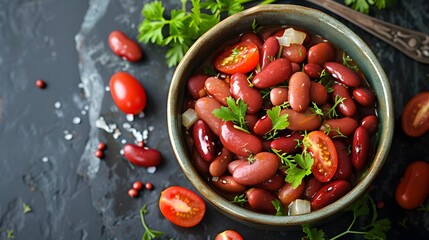 Healthy Vegetarian Salad with Fresh Beans, Tomatoes, and Green Vegetables in a Bowl - obrazy, fototapety, plakaty
