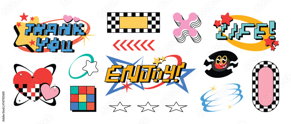 Poster collection of retro elements for design. abstract geometric shapes in y2k style with quote patch and