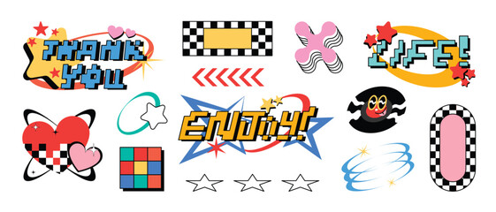 Collection of retro elements for design. Abstract geometric shapes in y2k style with quote patch and modern slang word. Groovy Illustration Vector Design for banners, stickers, logo, icon.