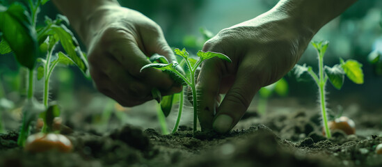 Human hands planting sprouts of tomatos in greenhouse. Concept of farming and planting - obrazy, fototapety, plakaty