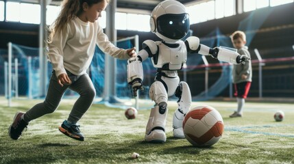 A young girl interacts with a futuristic robot as they play soccer together on an indoor sports field, showcasing technology and sports.