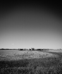 Grayscale shot of a rural field with barn in distance