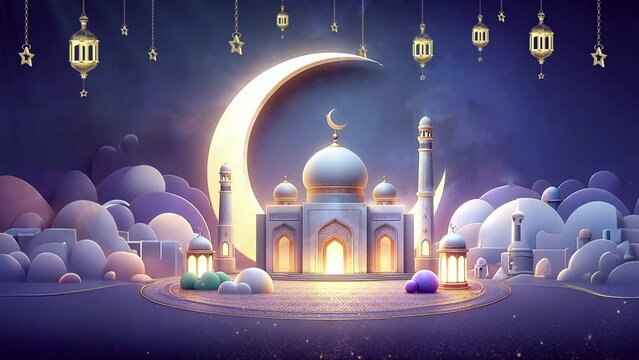 Ramadan Kareem celebration banner. Eid mubarak islamic mosque with half Crescent moon, star, and lantern. Animated islamic ramadan background