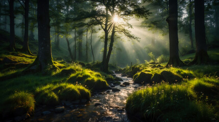 Beautiful green forest, dark mode tones, long exposure picture, small river. Generated AI - 767925800