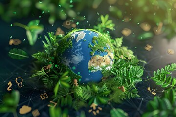 Obraz na płótnie Canvas Earth globe surrounded by green leaves and eco-friendly icons, representing environmental protection, 3D rendering