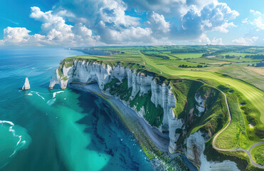 A panoramic view of the lush green golf course nestled on white cliffs overlooking blue sea, with the iconic tall rock arches - obrazy, fototapety, plakaty