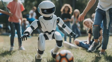 A humanoid robot engages in a fun soccer game with children on a bright and sunny day outdoors, showcasing technology interaction.