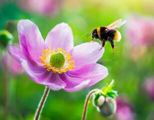 Whispers of Spring: Japanese Anemone Flower and Bumblebee Amidst Soft Blurry Light, an Artistic Ode to the Seasons"