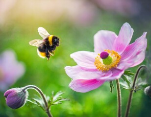 Fototapeta premium Whispers of Spring: Japanese Anemone Flower and Bumblebee Amidst Soft Blurry Light, an Artistic Ode to the Seasons