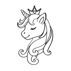 Cute unicorn head silhouette line art drawing isolated. Vector illustration coloring book for children - 767926013