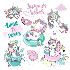 A beautiful summer unicorn collection on a white background