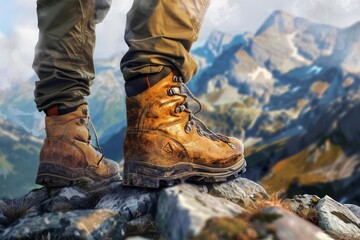 Close-up of Leather Hiking Boots on Man Hiking Up Mountain Trail, Outdoor Adventure Concept, Digital Painting - obrazy, fototapety, plakaty