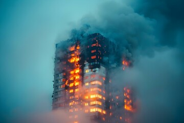 A highrise building with flames and smoke highlighting the need for fire safety and emergency response protocols. Concept Fire Safety, Emergency Response, Highrise Building, Flames, Smoke - obrazy, fototapety, plakaty