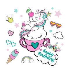 A beautiful unicorn lies in a cup and holds a cherry. Birthday card with elements of the holiday and the inscription Happy Birthday on a white background - 767926084