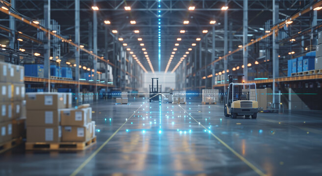 Futuristic Technology in Retail Logistics. Brightly lit hangar with boxes of goods and forklifts on autopilot