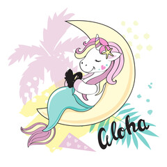 A beautiful unicorn mermaid sitting on the moon and the inscription aloha - 767926209