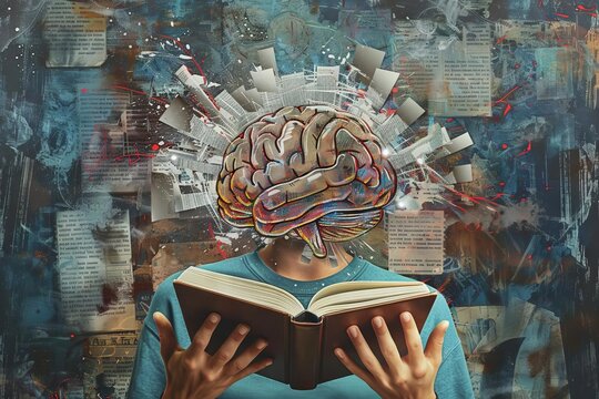 Conceptual art collage of hands holding book with brain full of knowledge and ideas, digital illustration