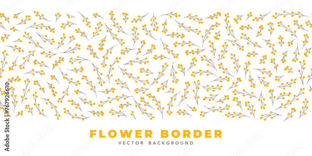 Poster vector floral border pattern. mimosa blossoms various shapes flat illustration. seamless border patt