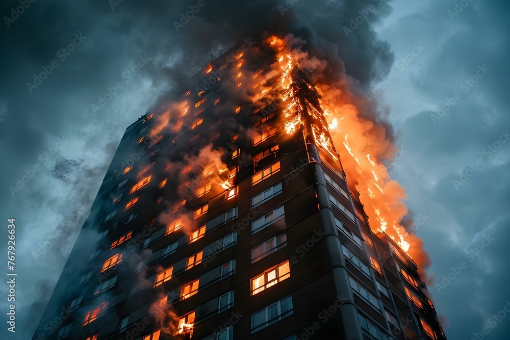 Aufkleber highlighting the importance of fire safety and emergency response protocols with a highrise building