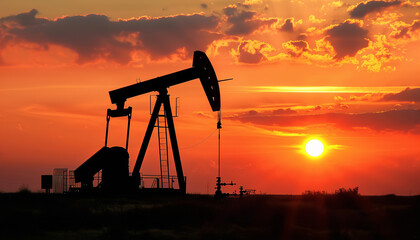 Close-up of an oil pumpjack in operation against a sunset