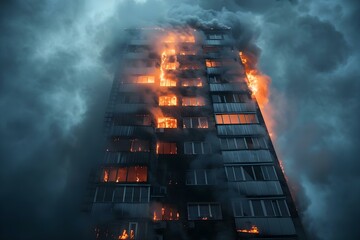 The Importance of Fire Safety and Emergency Response Protocols: A Highrise Building in Flames. Concept Fire Safety, Emergency Response, High-rise Buildings, Safety Protocols, Fire Prevention - obrazy, fototapety, plakaty